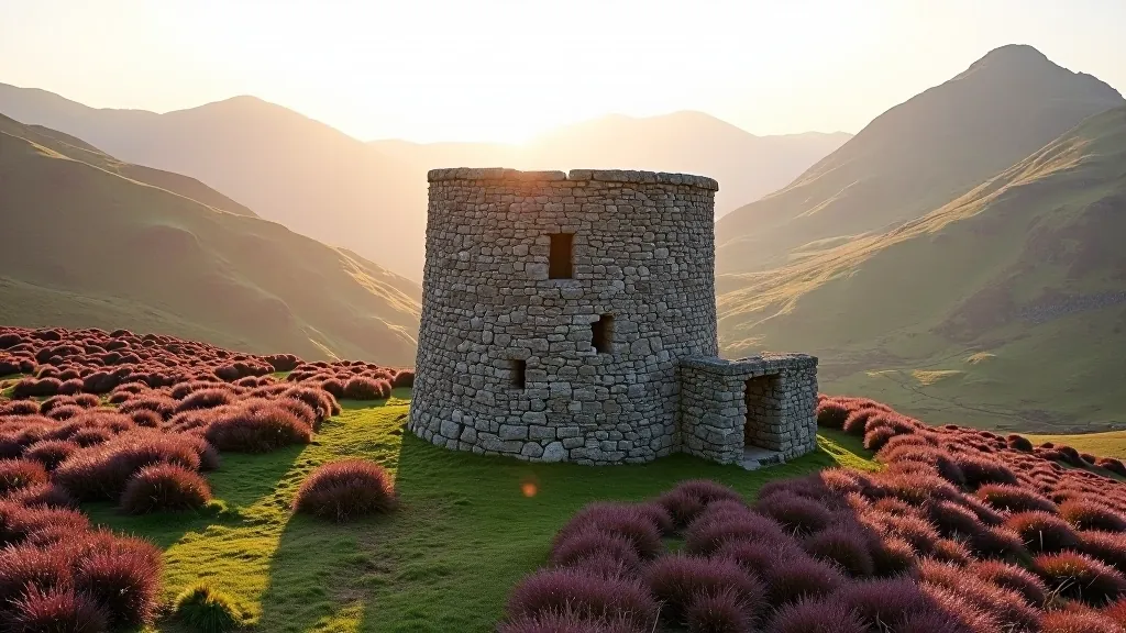 Ancient stone monastic round tower in Glendalough with purple mountain heather and valley floor below
