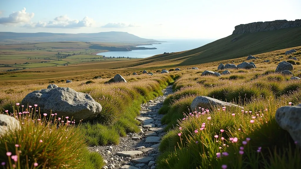 Limestone pavement landscape stretching across the Burren with wildflowers and ancient stone structures in the distance