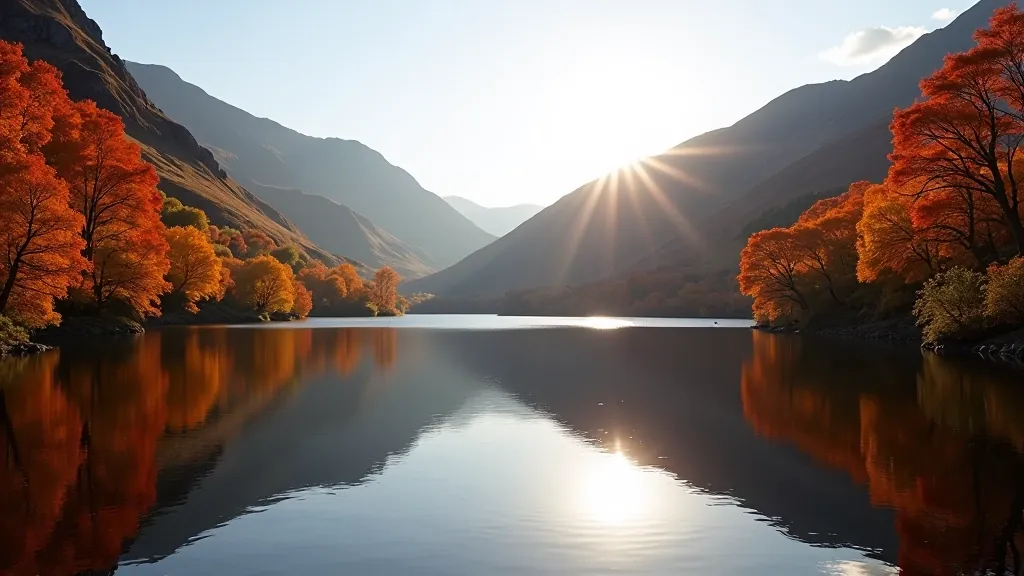 Glendalough lake reflecting autumn colors of orange and red trees on surrounding mountainsides