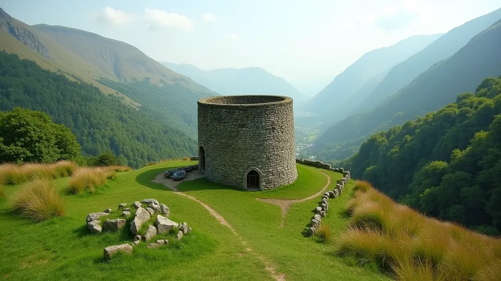Glendalough valley with historic monastic round tower surrounded by green forest and mountain peaks in the background
