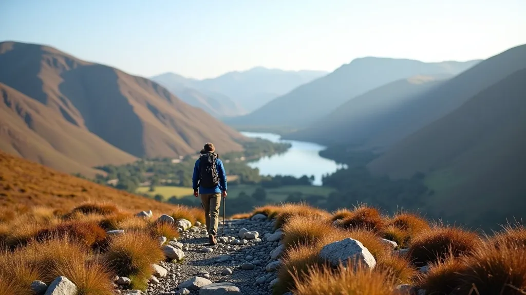 Hiker ascending rocky mountain trail with valley and lake visible below, Wicklow Mountains surrounding