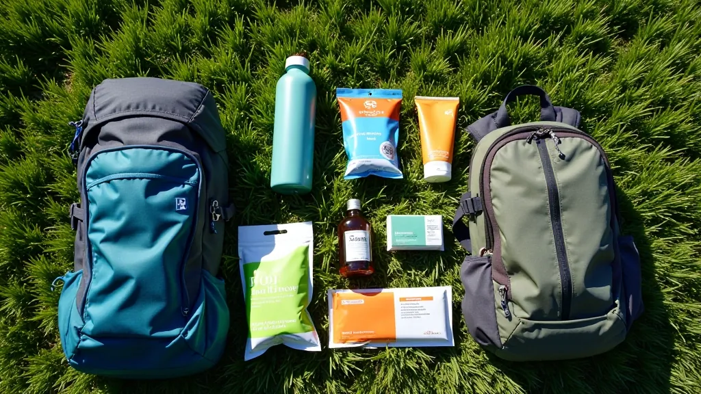 Backpack contents laid out on ground showing water bottle, snacks, first aid kit, sunscreen, and hiking essentials