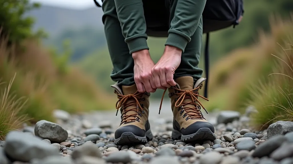 Close-up of hiking boots on rocky mountain path, hands adjusting backpack straps, outdoor gear ready