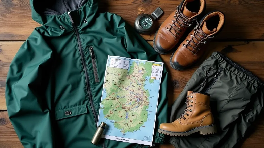 Waterproof jacket and hiking boots laid on wooden table with walking map and water bottle