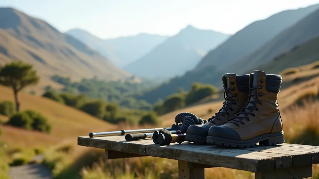 Outdoor walking boots and hiking poles resting on wooden bench with mountain scenery in background