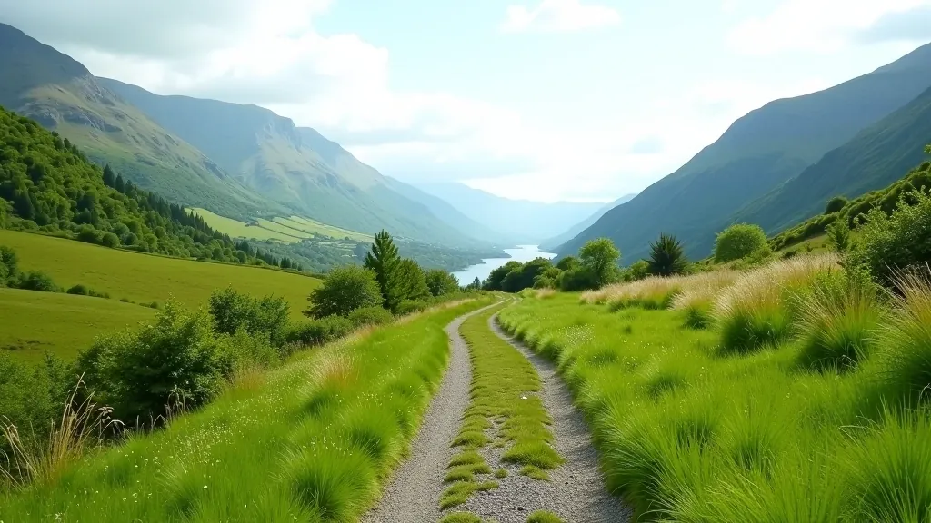 Hiking trail winding through valley with distant mountain peaks visible beyond tree line