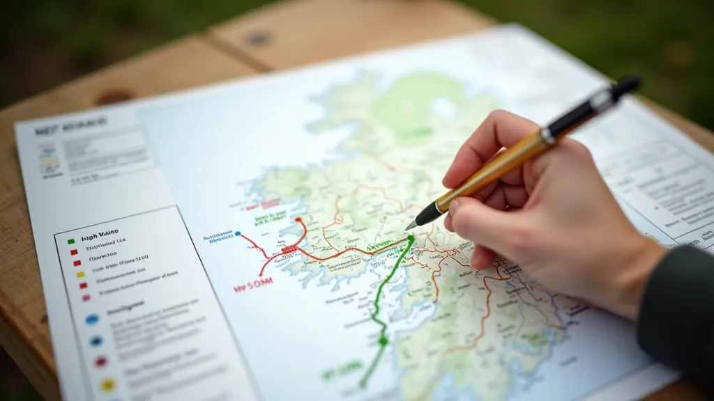 Aerial view of hiking trail map marked with colored routes, distance markers, and elevation profile chart