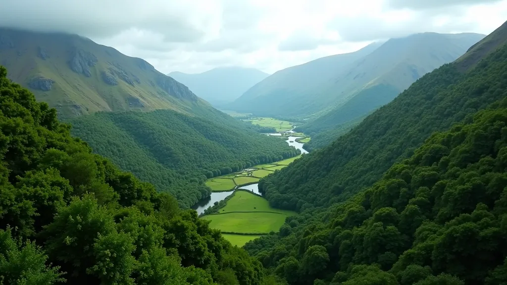 Aerial view of Killarney National Park showing green valleys with lakes and forested areas