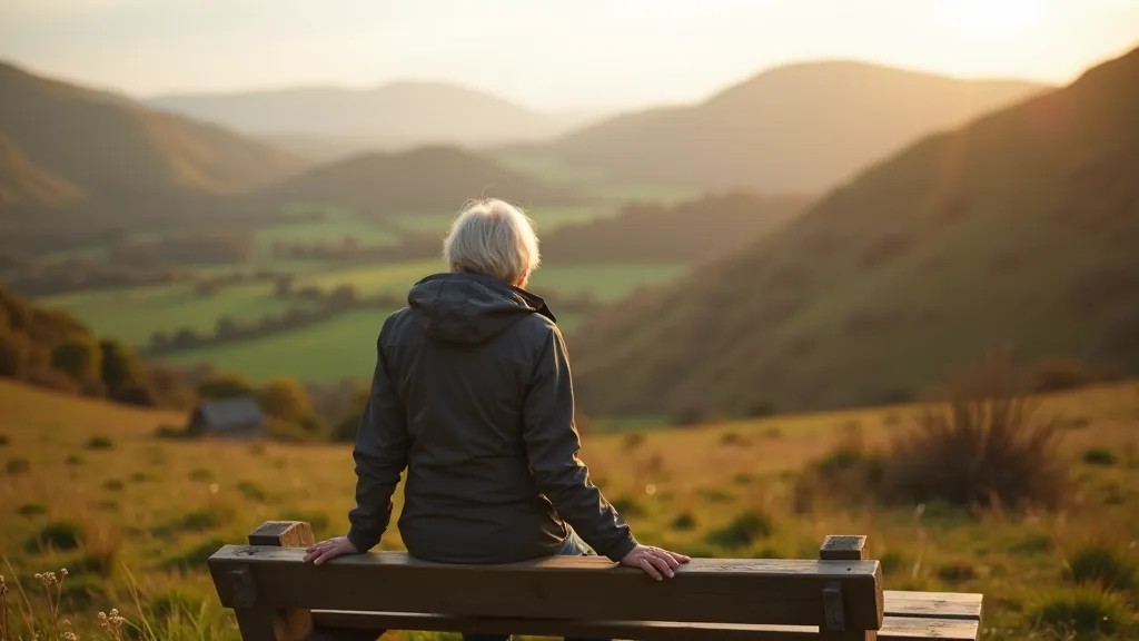 Senior woman enjoying a peaceful moment sitting on a bench overlooking an Irish valley