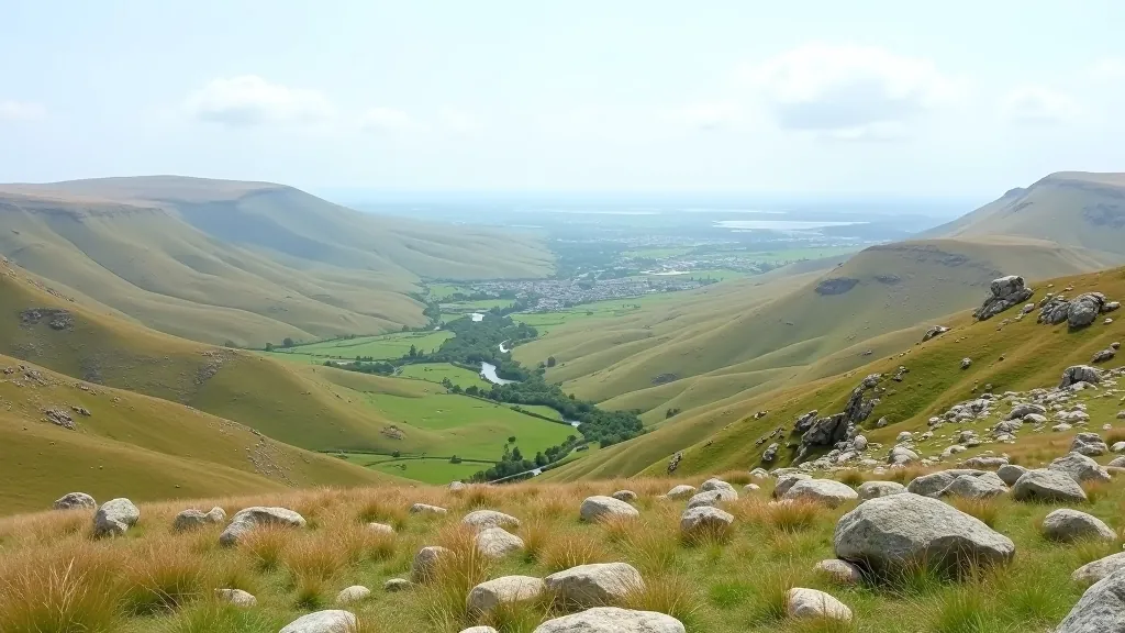 Scenic view of the Burren landscape with distant mountains and villages nestled in valleys below