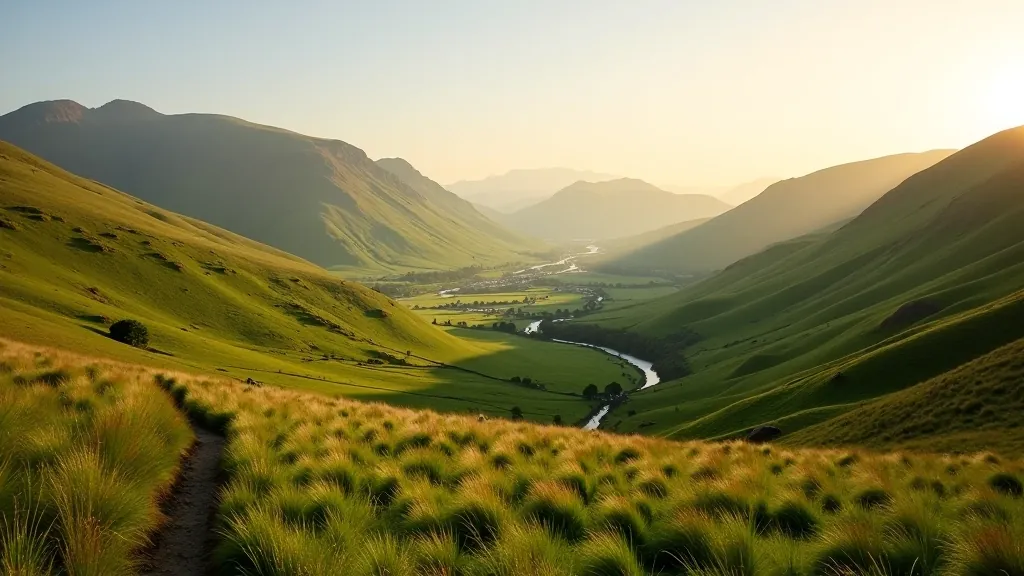 Scenic Irish valley with green hills and distant mountains