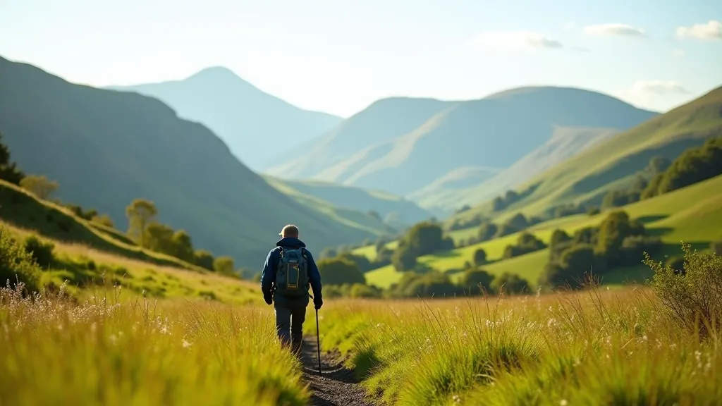 Rolling green hills and mountain landscape in Killarney National Park with hiking trail visible through meadow