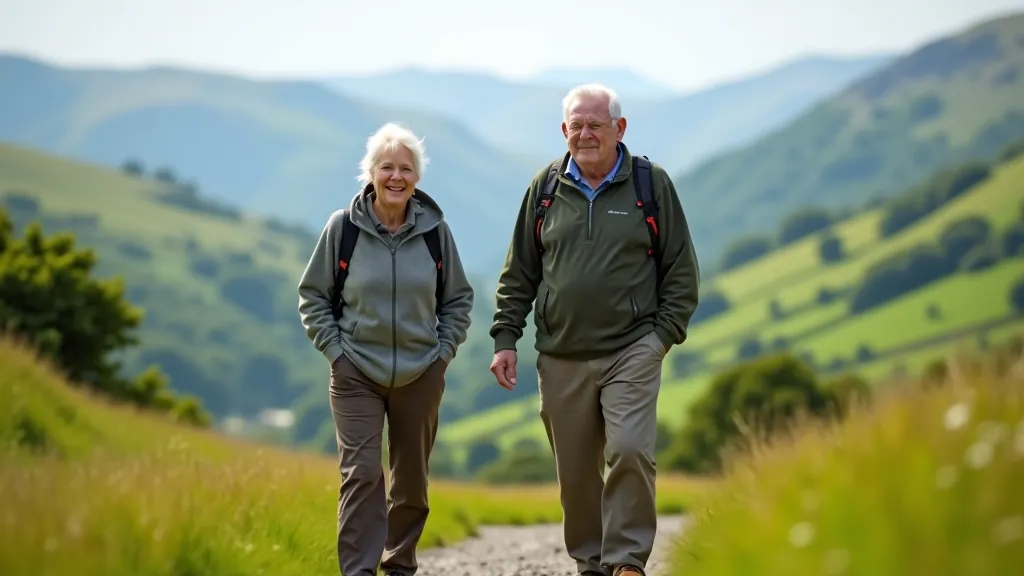 Elderly couple enjoying a scenic walk on an Irish hiking trail with mountains and green valleys in the background