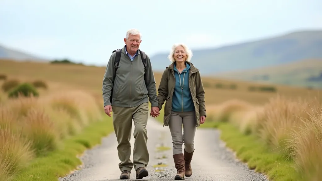 Senior couple walking on a wide limestone path in the Burren with clear sky and rolling terrain ahead