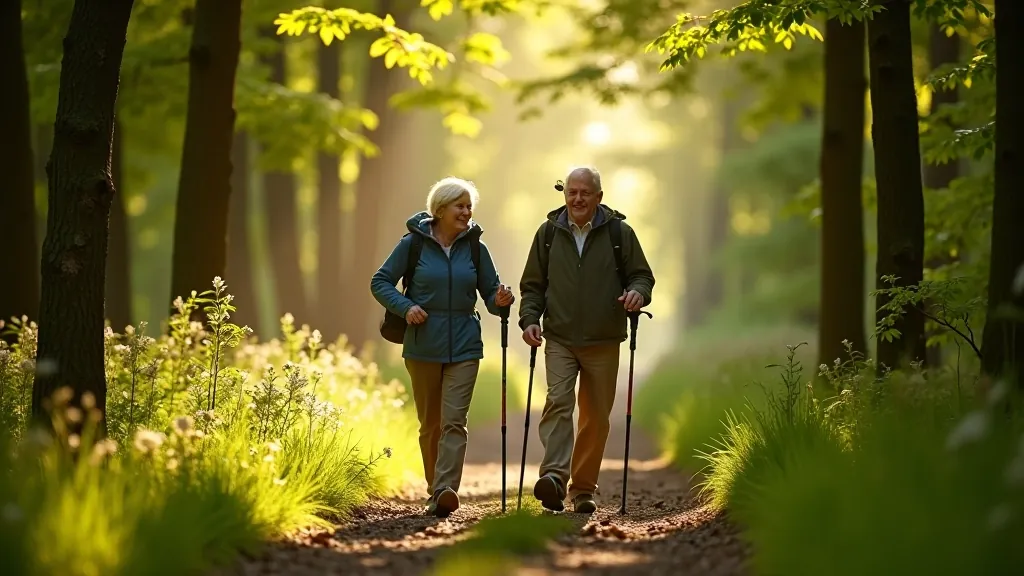 Senior couple hiking on woodland trail with walking poles, dappled sunlight through trees, peaceful forest setting
