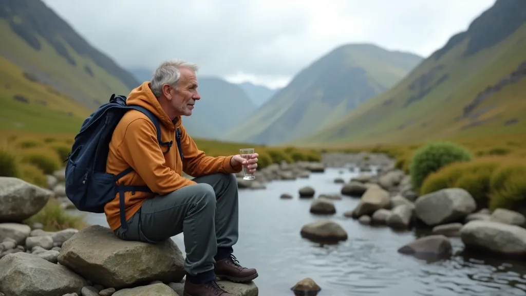 Senior hiker sitting on rock taking water break, scenic valley view in background, peaceful moment during trail rest