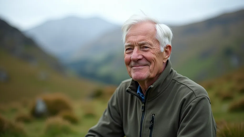 Senior hiker sitting on bench with walking poles, resting and enjoying mountain valley view