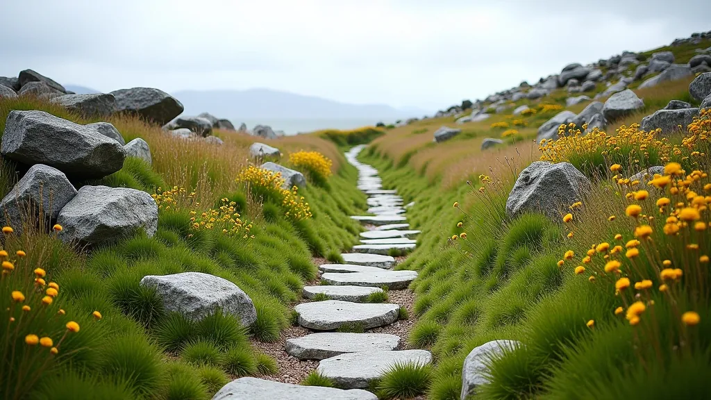 Stone pathway winding through rocky terrain in the Burren region with wildflowers and limestone formations visible