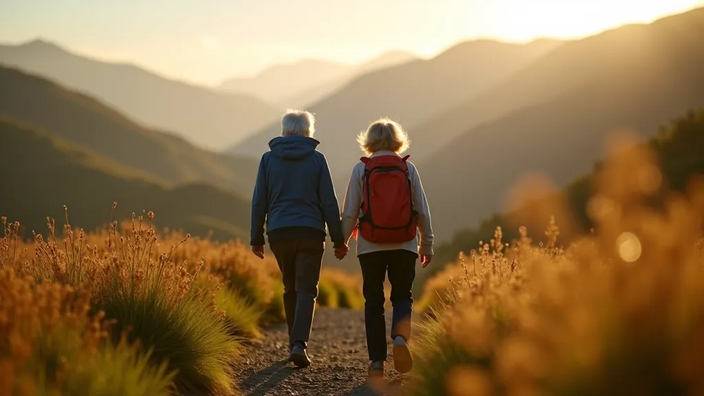 Senior hikers enjoying a peaceful walk through green Irish countryside with mountains in background