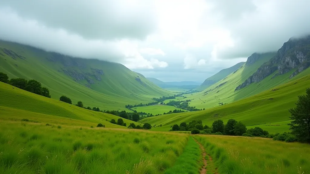 Scenic mountain valley with hiking trails and green hills in Ireland
